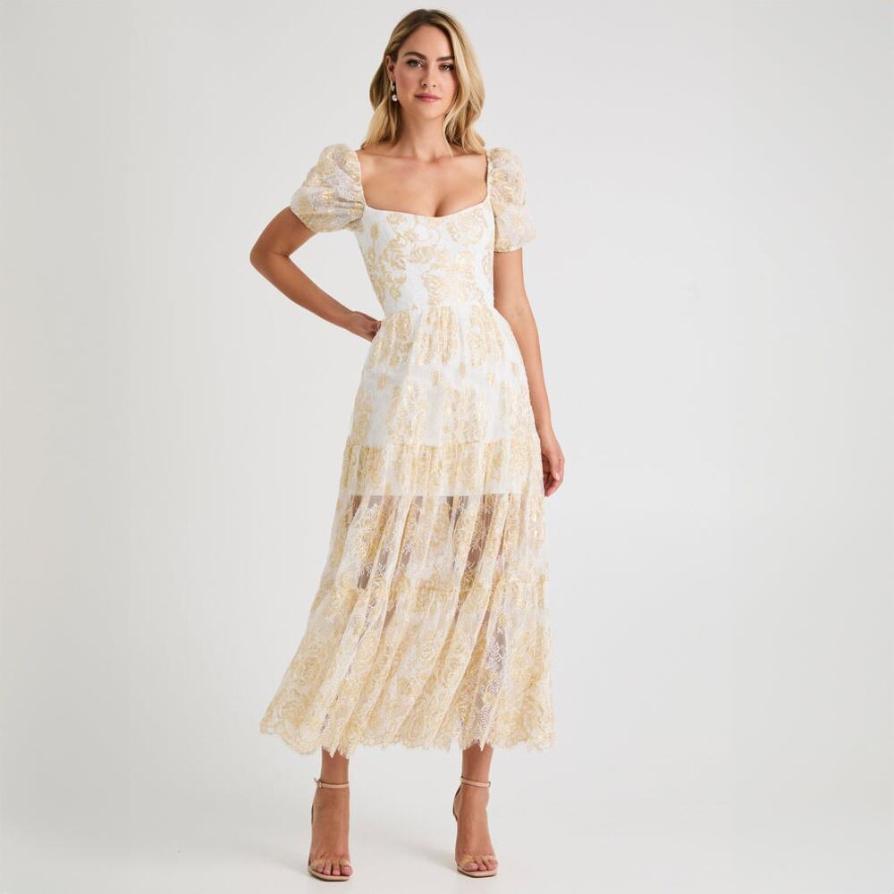 Helsi Corinne Off White Gold Short Puff Sleeve Floral Maxi Dress XL NWT
